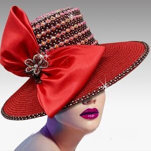 Extravagant Couture Red Jeweled Masterpiece Big Bow Hat Brooch Wide Brim